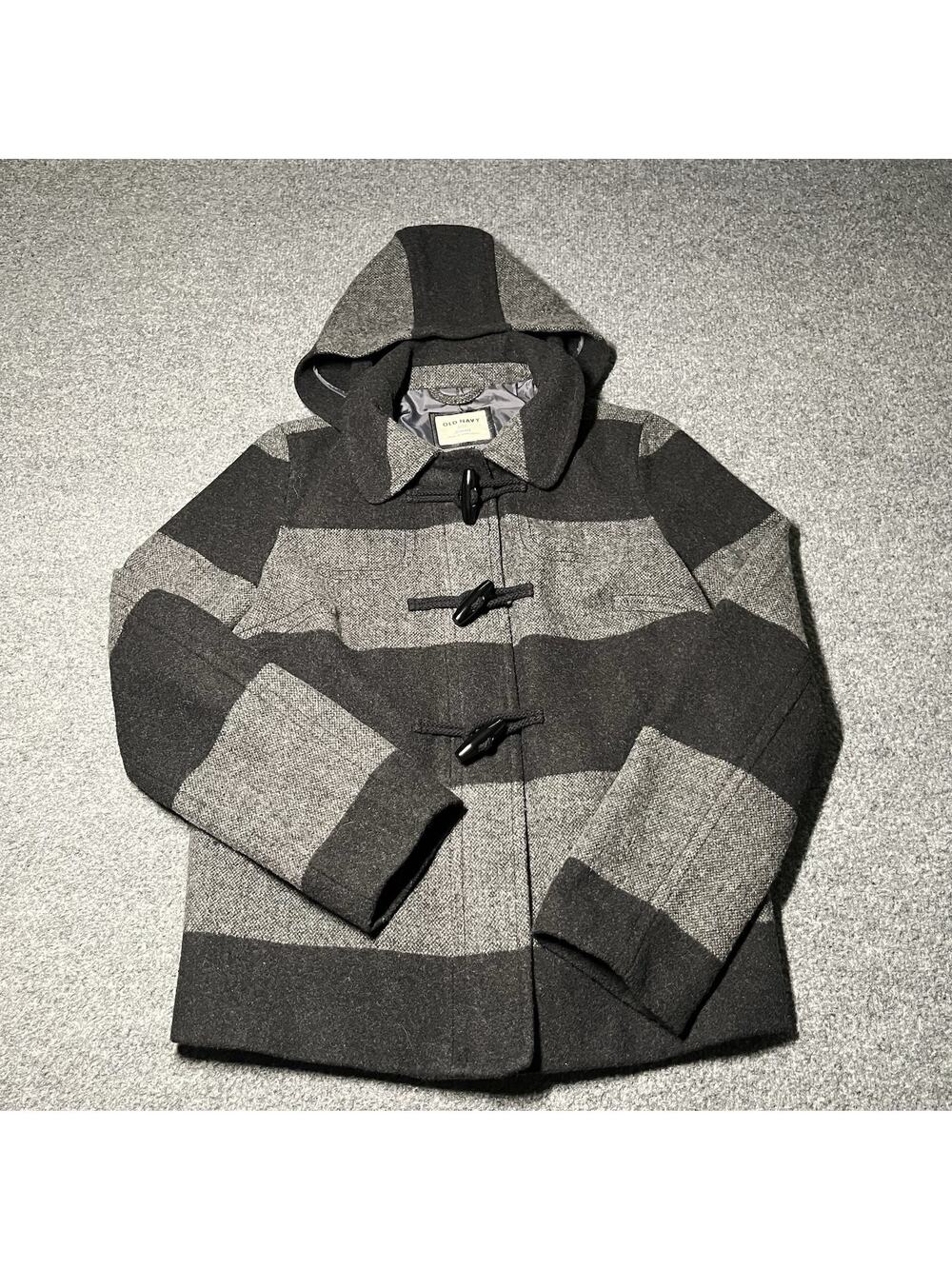 Old Navy Toggle Coat Jacket Women Small Gray Black Striped Wool Blend Hooded